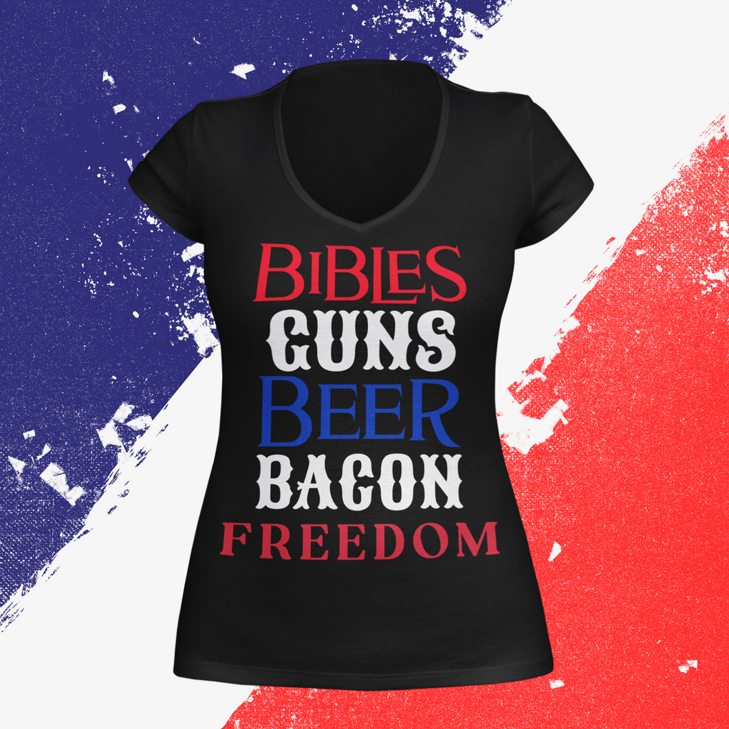 Women's Bibles Guns Beer Bacon and Freedom V-Neck Shirt