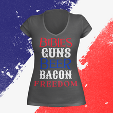 Load image into Gallery viewer, Women&#39;s Bibles Guns Beer Bacon and Freedom V-Neck Shirt
